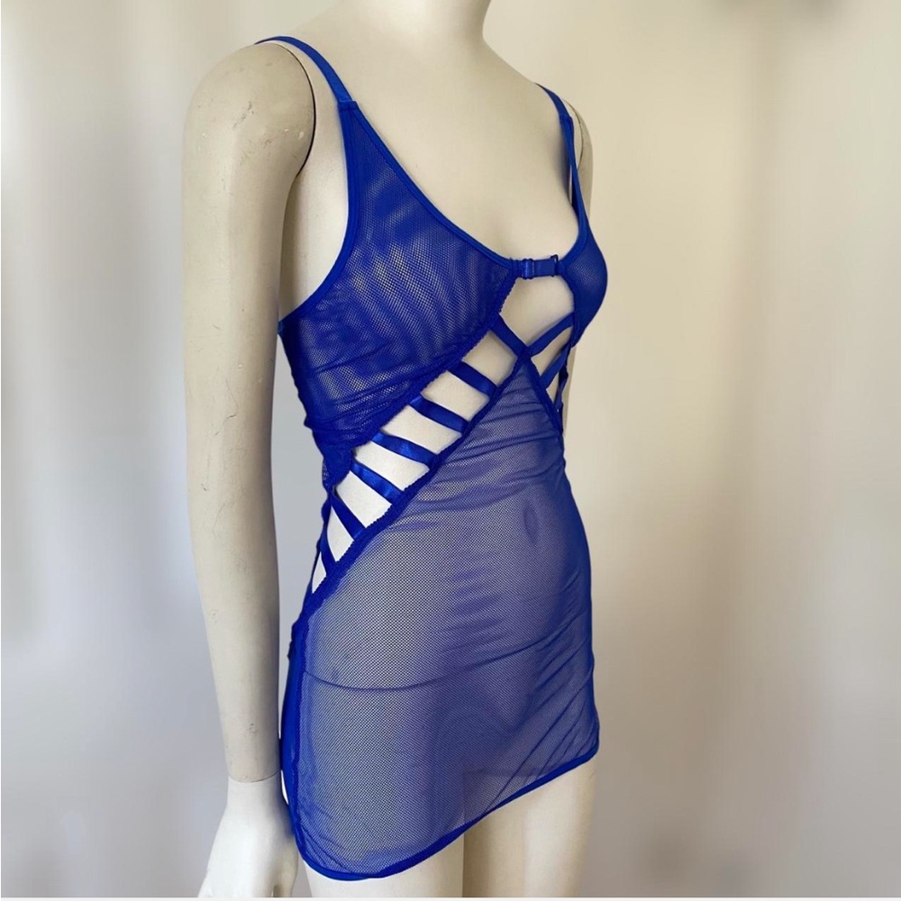 Oh La La Cherie royal blue fishnet lingerie mini dress w/ cutout detail fits S